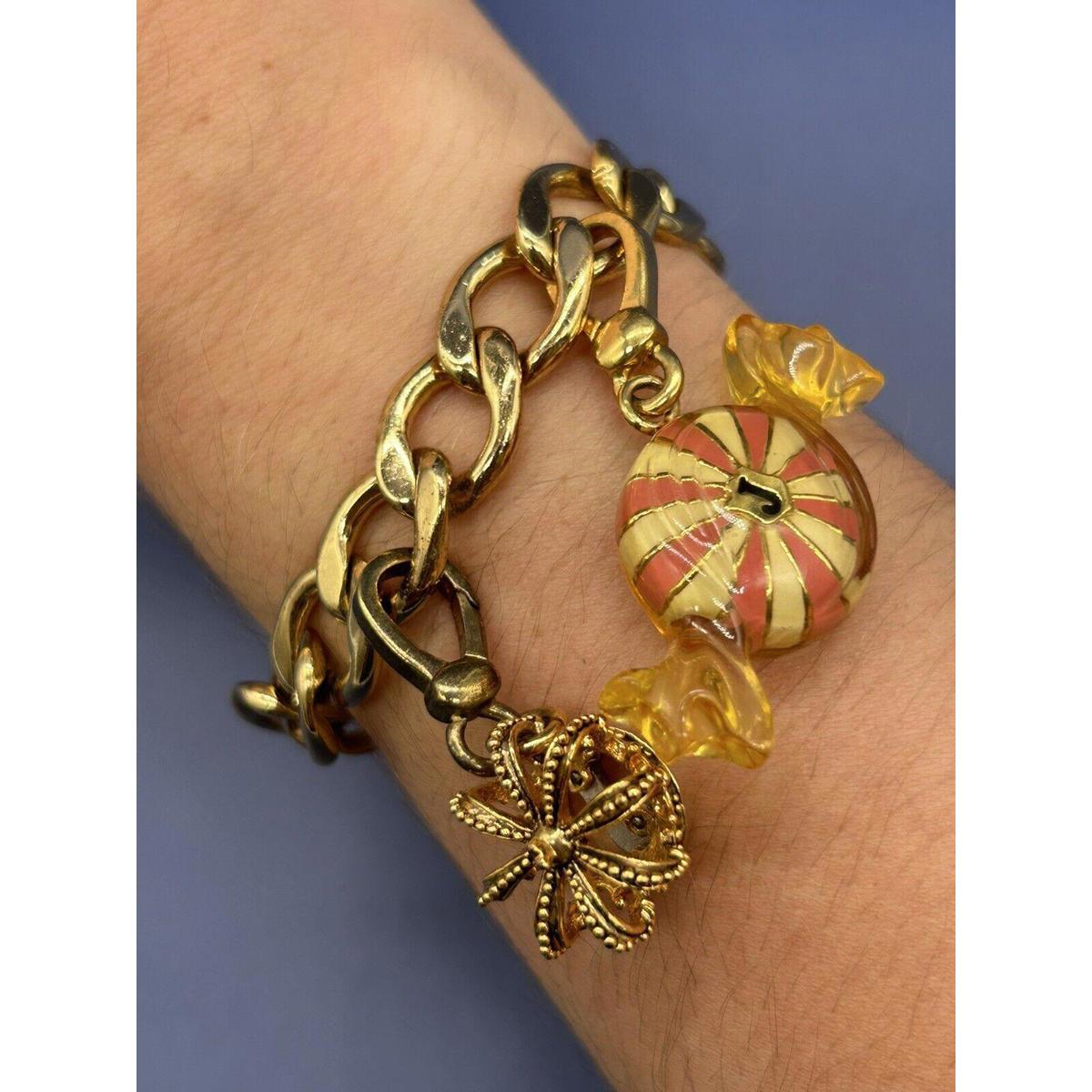 Juicy Couture J Logo Heart Gold Tone Crown & Candy Charms Toggle Clasp Bracelet